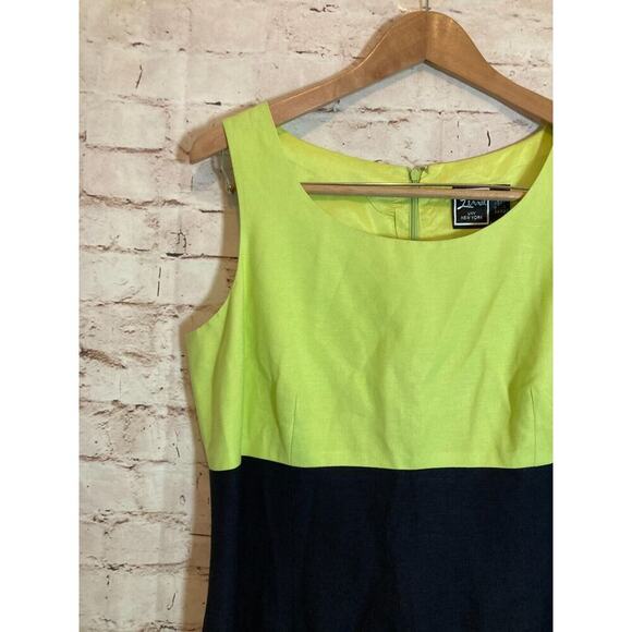 Lennie NY Dress Womens 12 Midi Linen Neon Green Black Colorblock Sheath Zip Up - Picture 4 of 12